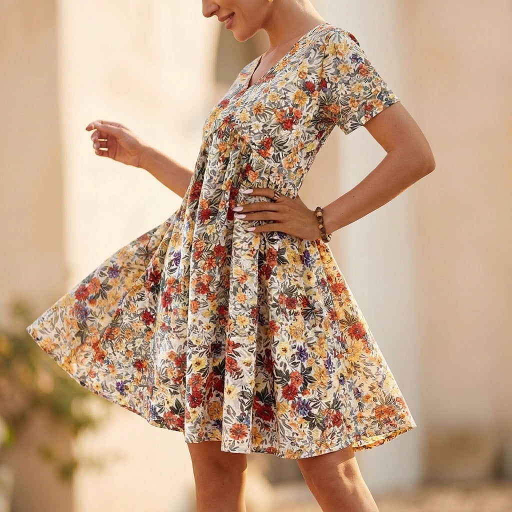 Floral A-Line Dress with Flutter Sleeves for Women
