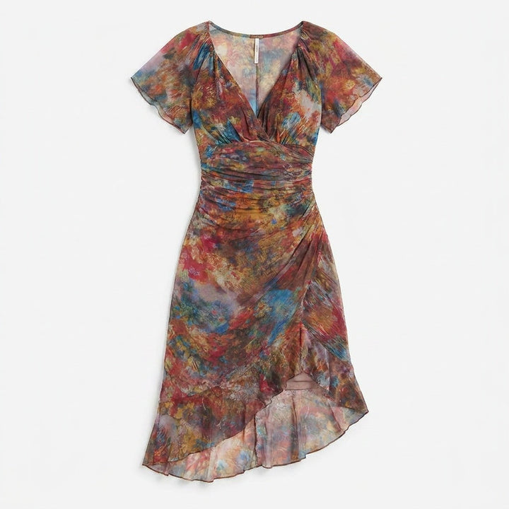 Watercolor Ruched Midi Dress with High-Low Hem