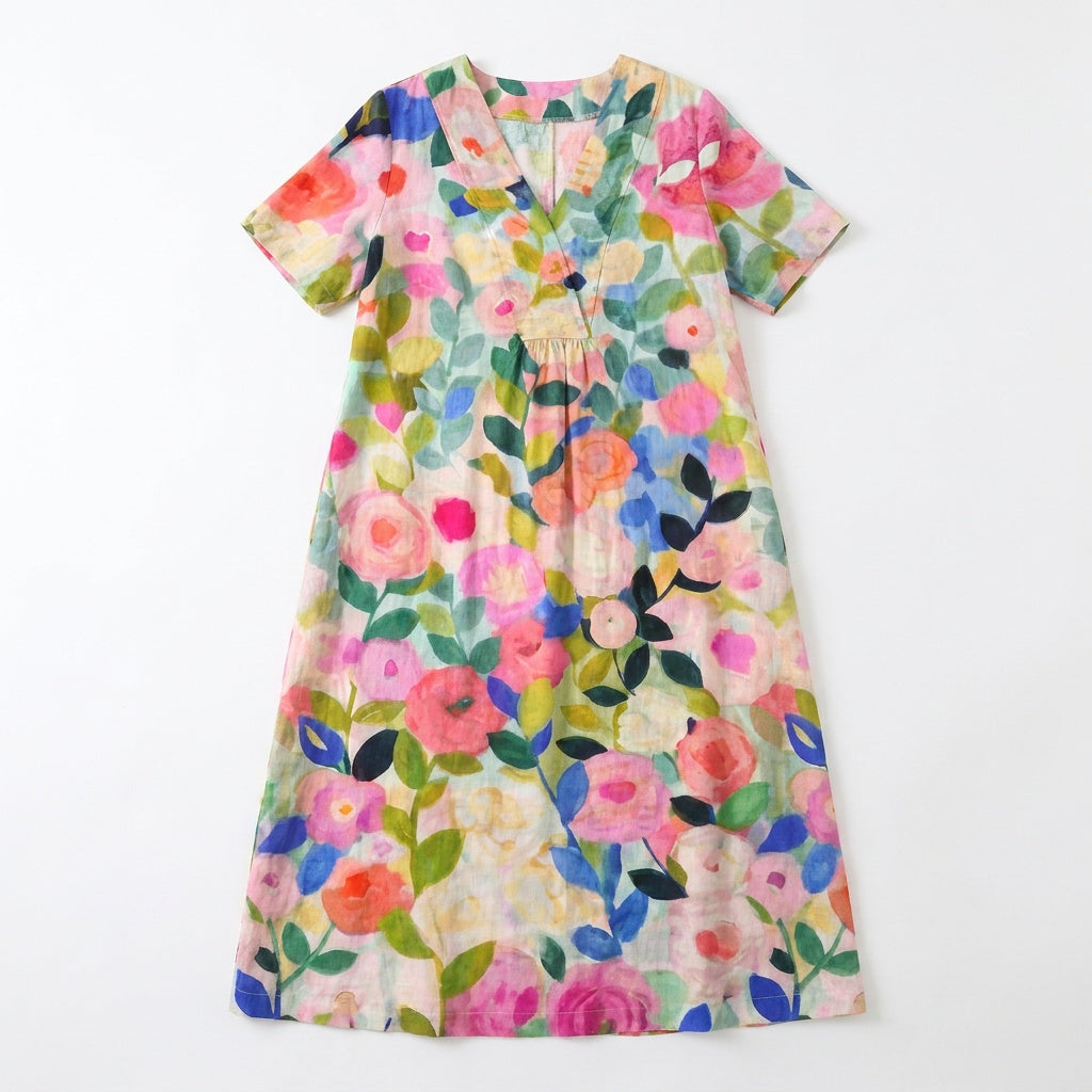 Vestido midi floral para mujer con escote en V, corte relajado, estilo verano