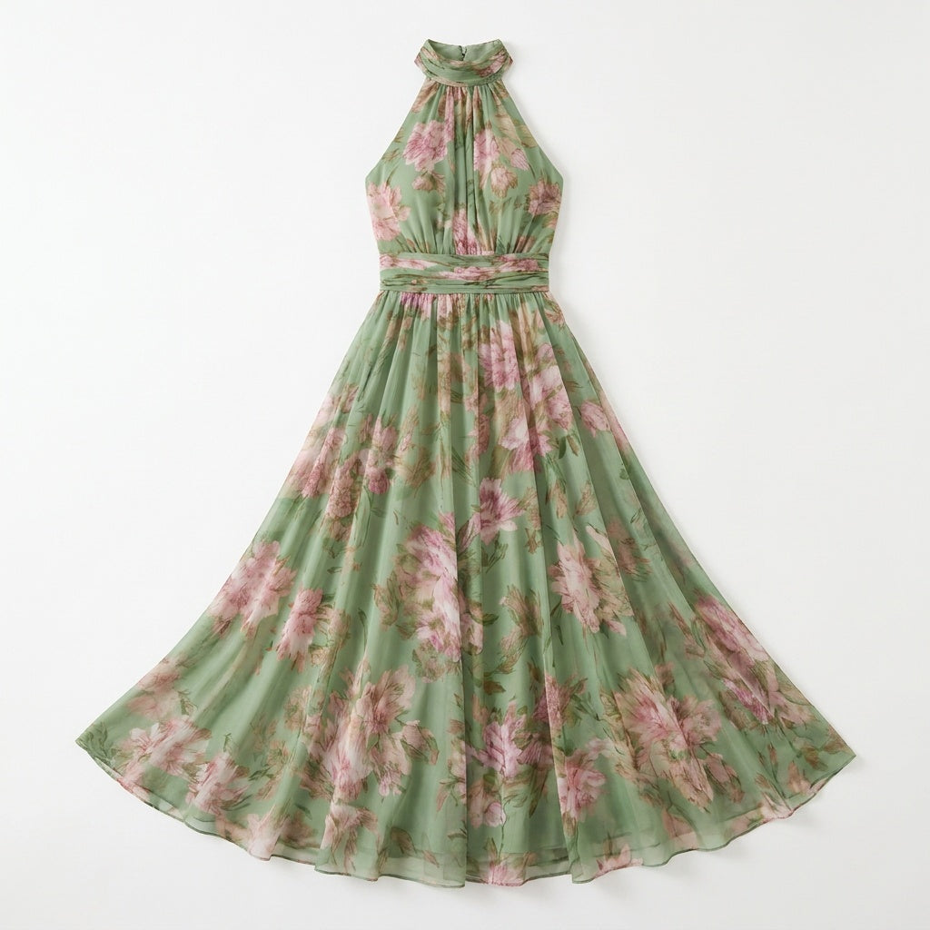 Floral Maxi Dress with Halter Neckline - Sage Green Chiffon