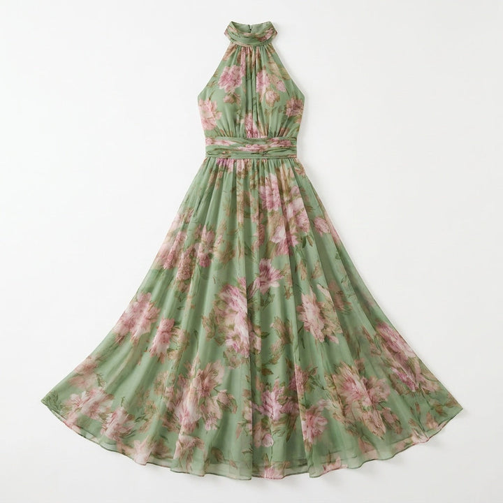 Floral Maxi Dress with Halter Neckline - Sage Green Chiffon
