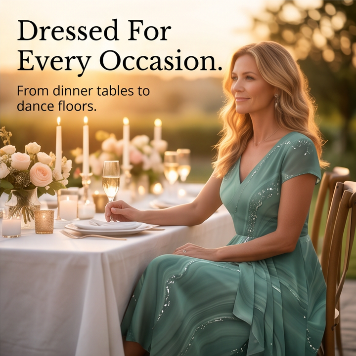 Chiffon Midi Dress - V-Neck Wedding Guest Dress