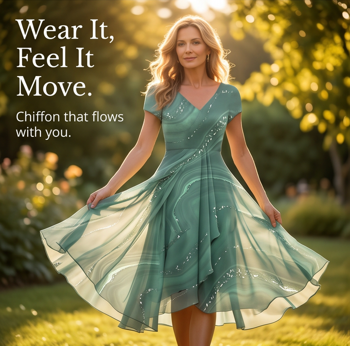 Chiffon Midi Dress - V-Neck Wedding Guest Dress