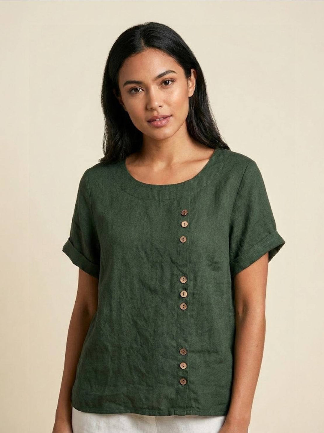 Foreen | Top casual da donna con scollo a girocollo, dettaglio bottoni e maniche corte