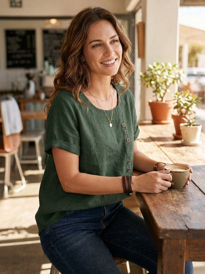 Foreen | Top casual da donna con scollo a girocollo, dettaglio bottoni e maniche corte