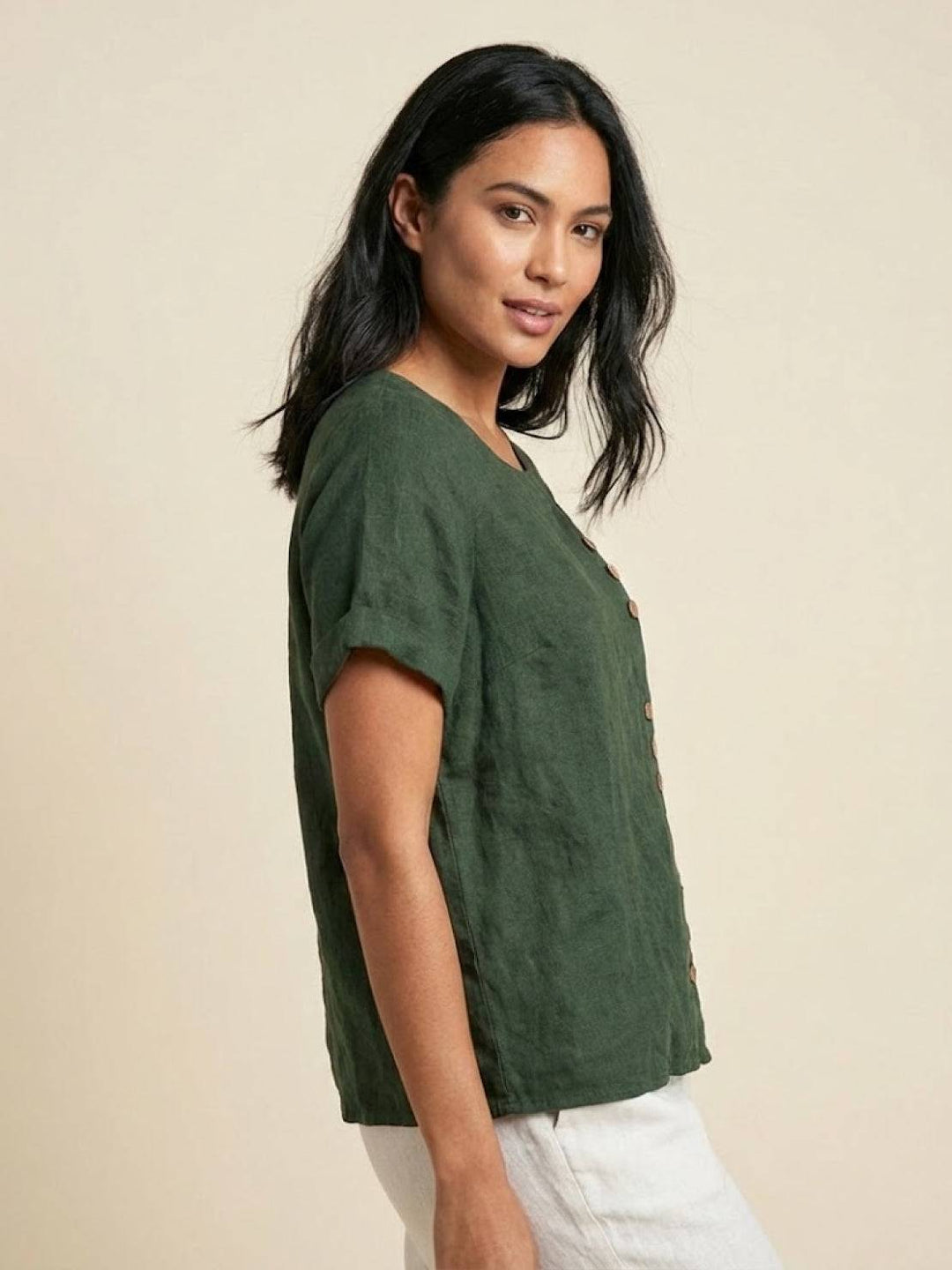 Foreen | Top casual da donna con scollo a girocollo, dettaglio bottoni e maniche corte
