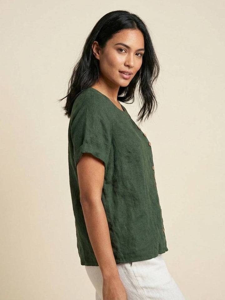 Foreen | Top casual da donna con scollo a girocollo, dettaglio bottoni e maniche corte