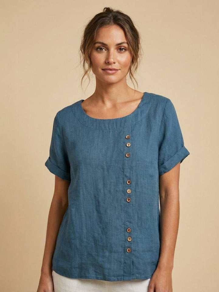 Foreen | Top casual da donna con scollo a girocollo, dettaglio bottoni e maniche corte