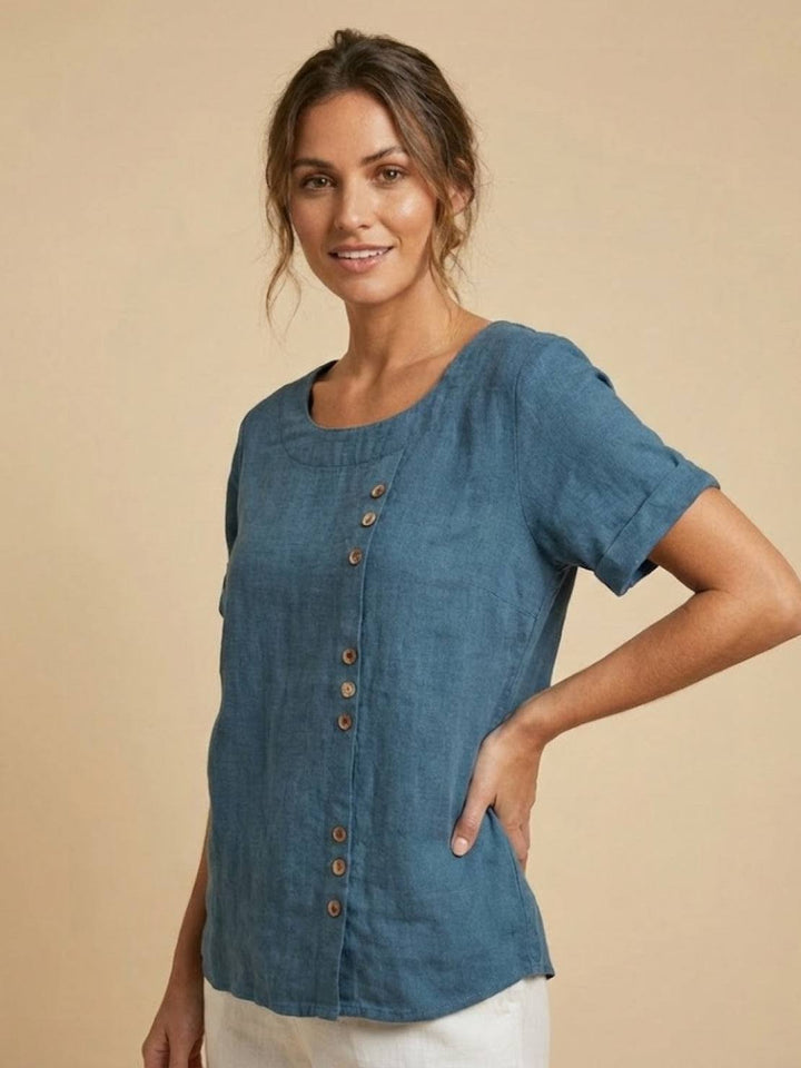 Foreen | Top casual da donna con scollo a girocollo, dettaglio bottoni e maniche corte