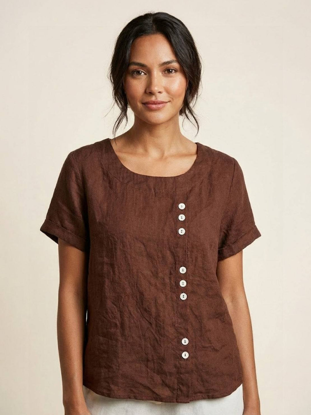 Foreen | Top casual da donna con scollo a girocollo, dettaglio bottoni e maniche corte