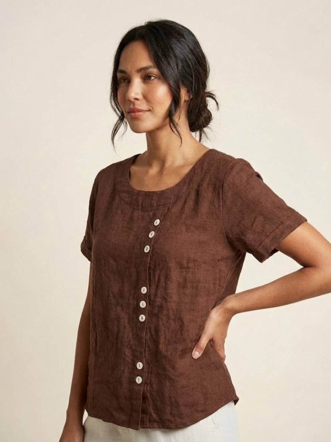 Foreen | Top casual da donna con scollo a girocollo, dettaglio bottoni e maniche corte