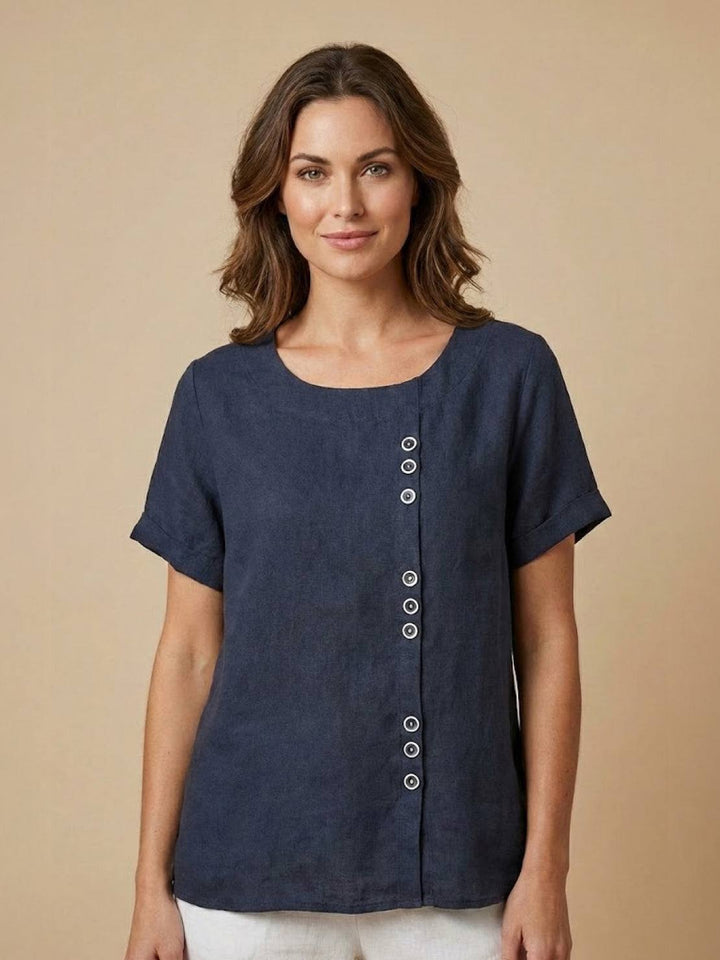 Foreen | Top casual da donna con scollo a girocollo, dettaglio bottoni e maniche corte