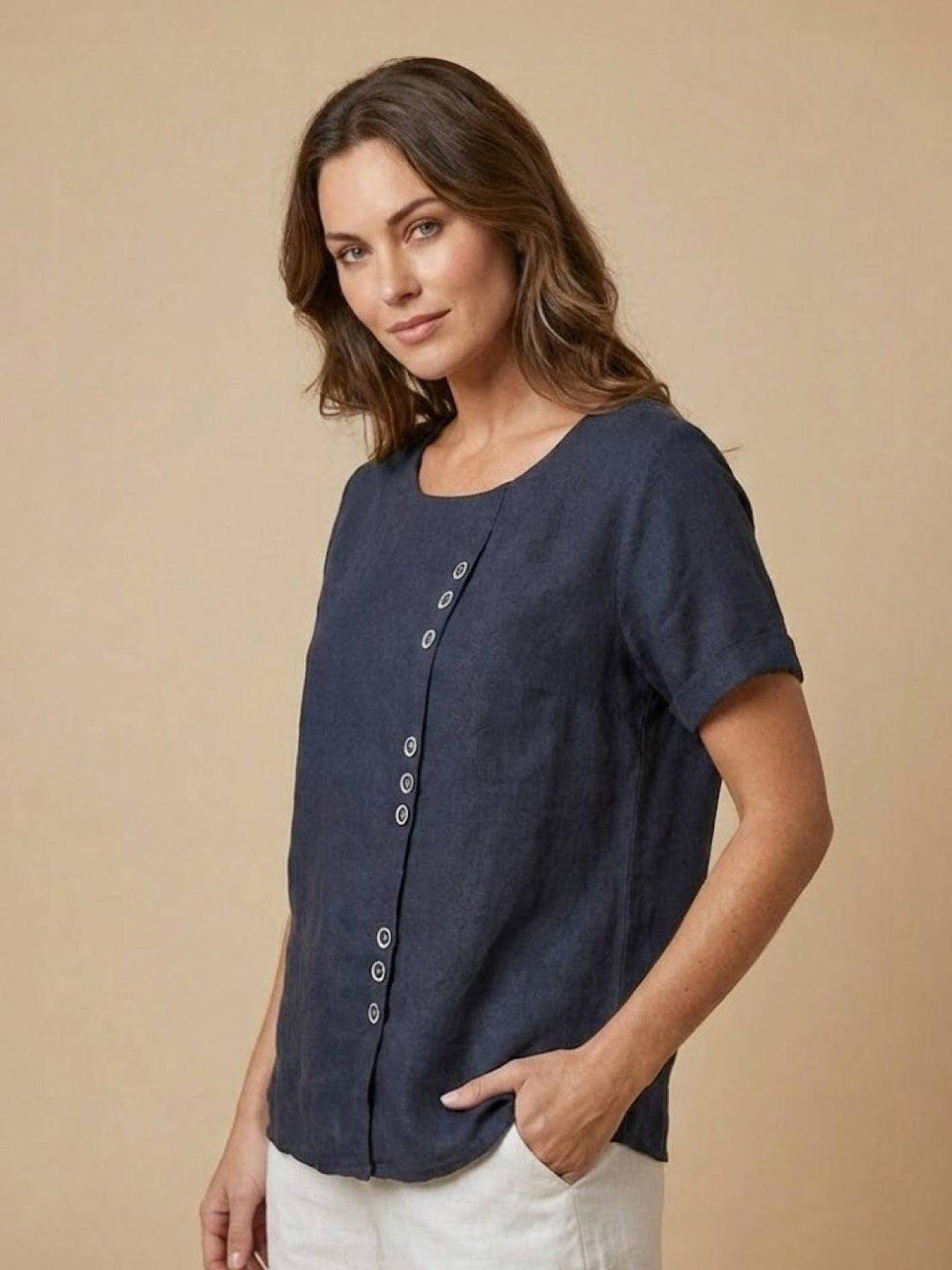 Foreen | Top casual da donna con scollo a girocollo, dettaglio bottoni e maniche corte