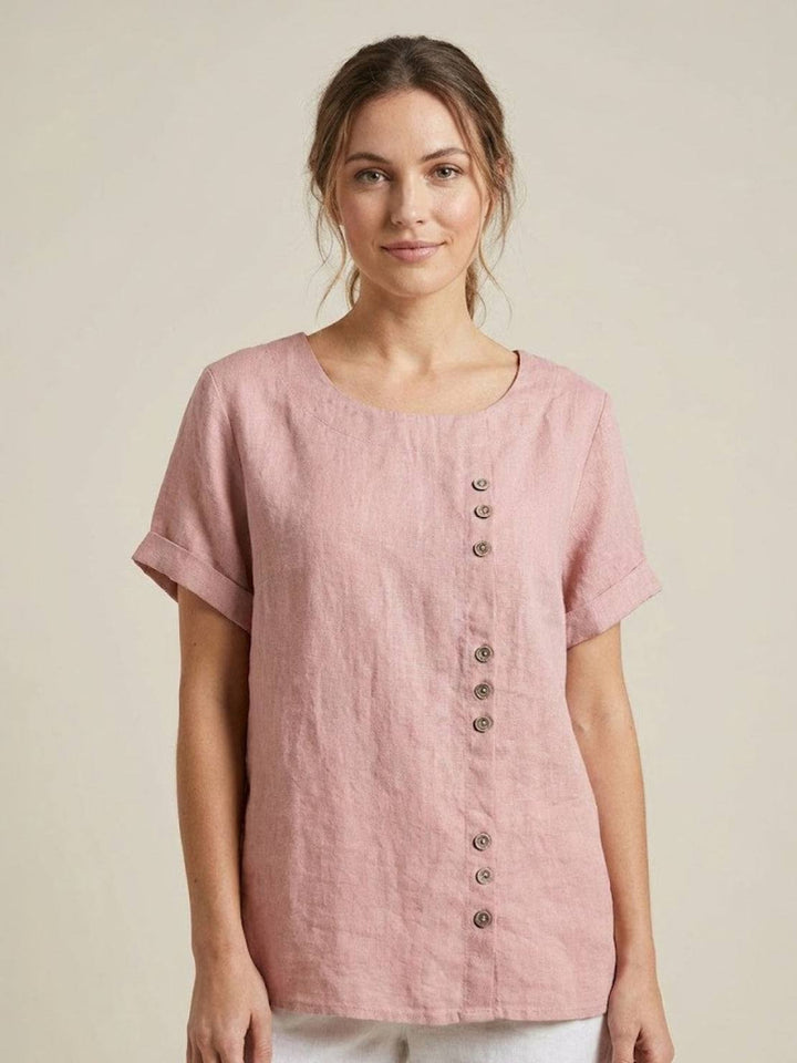 Foreen | Top casual da donna con scollo a girocollo, dettaglio bottoni e maniche corte