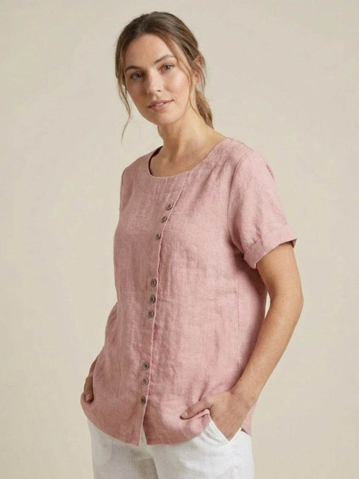 Foreen | Top casual da donna con scollo a girocollo, dettaglio bottoni e maniche corte