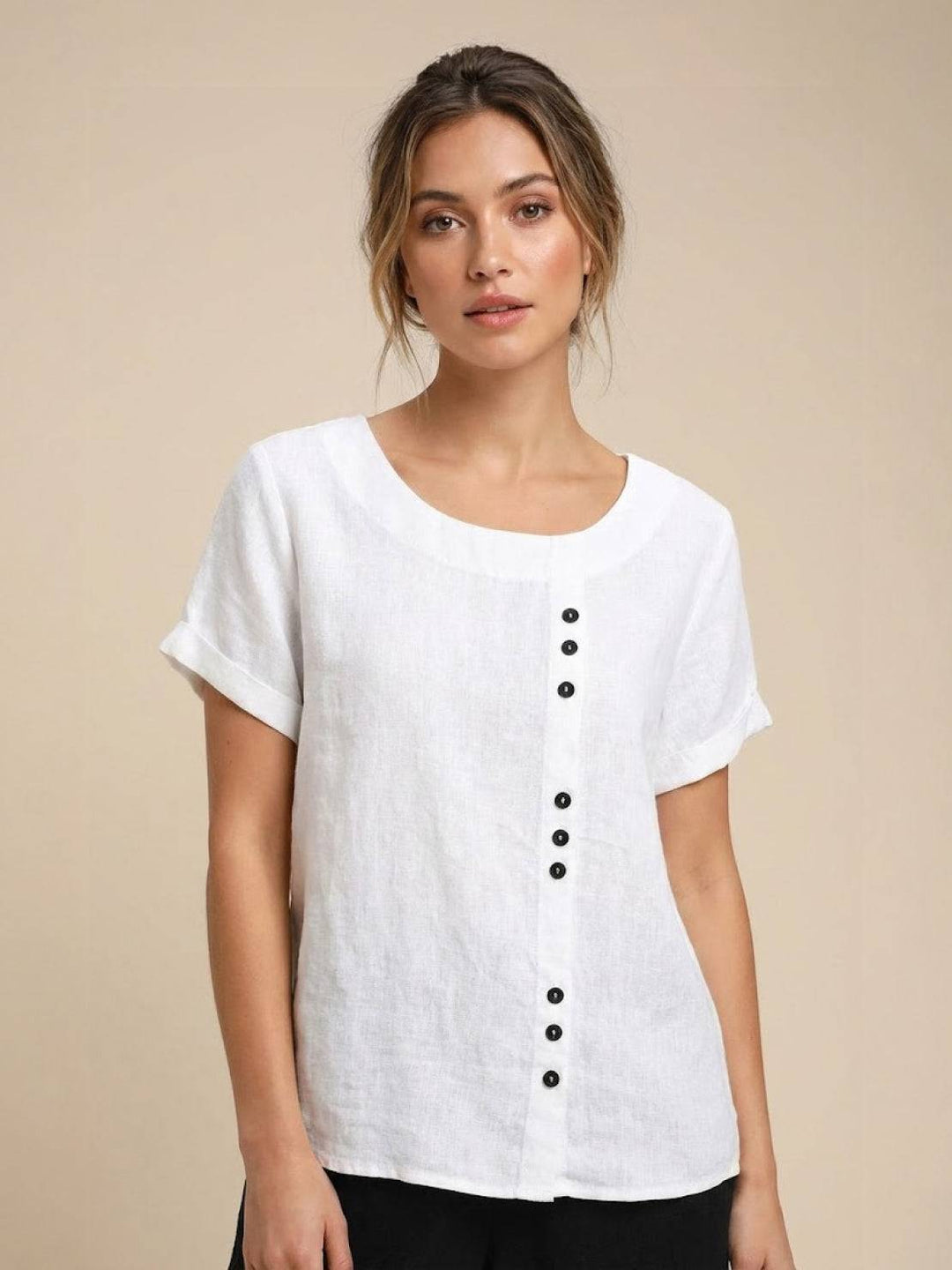 Foreen | Top casual da donna con scollo a girocollo, dettaglio bottoni e maniche corte