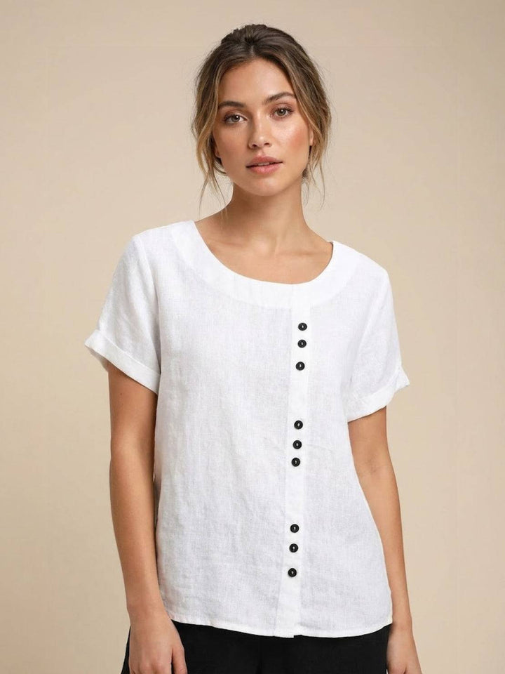 Foreen | Top casual da donna con scollo a girocollo, dettaglio bottoni e maniche corte