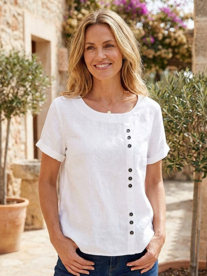 Foreen | Top casual da donna con scollo a girocollo, dettaglio bottoni e maniche corte