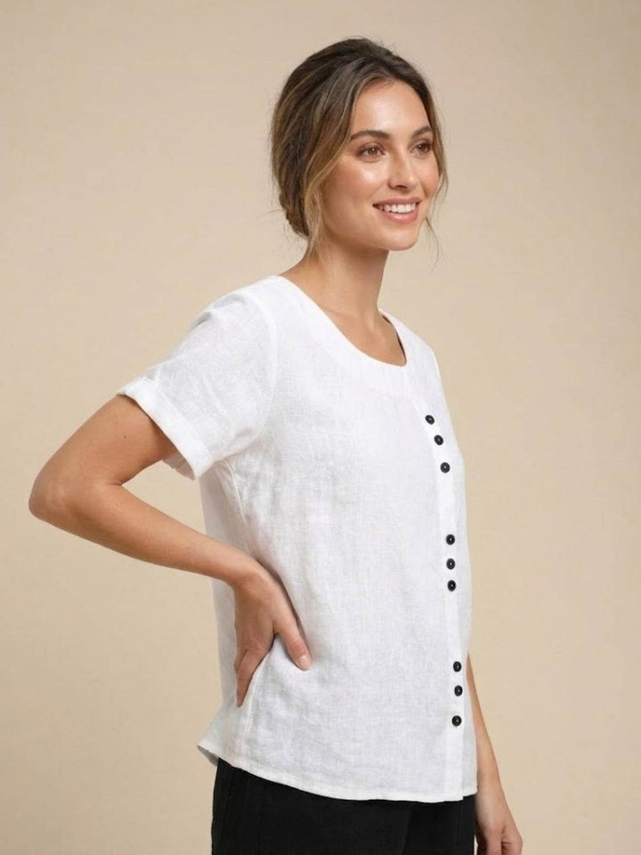 Foreen | Top casual da donna con scollo a girocollo, dettaglio bottoni e maniche corte