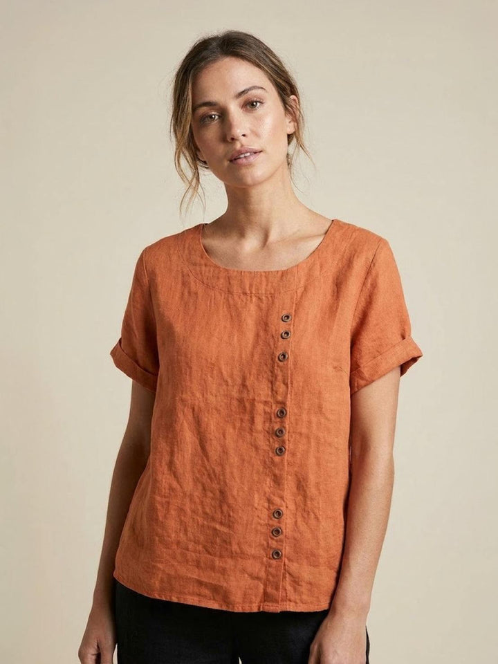 Foreen | Top casual da donna con scollo a girocollo, dettaglio bottoni e maniche corte