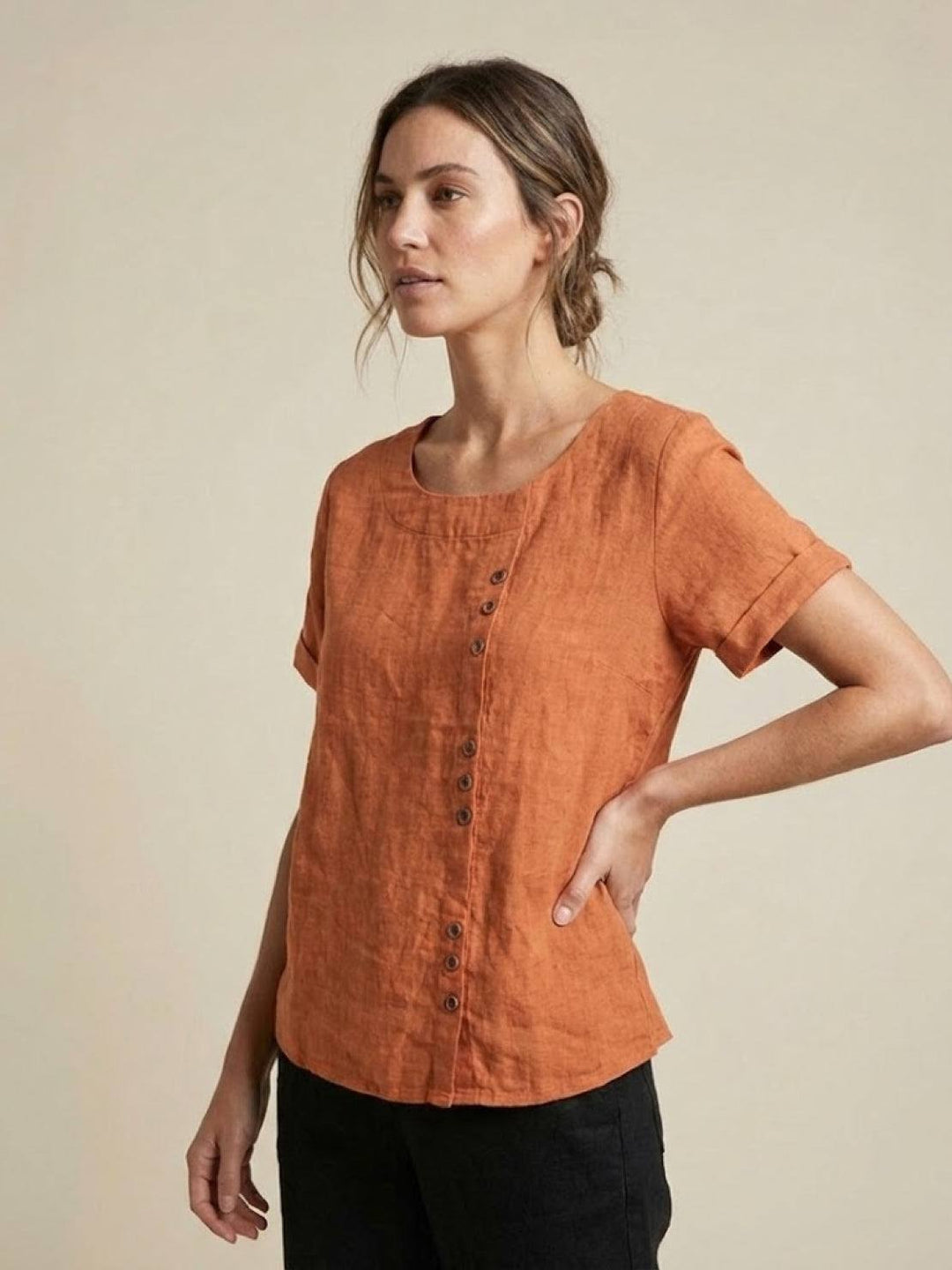 Foreen | Top casual da donna con scollo a girocollo, dettaglio bottoni e maniche corte