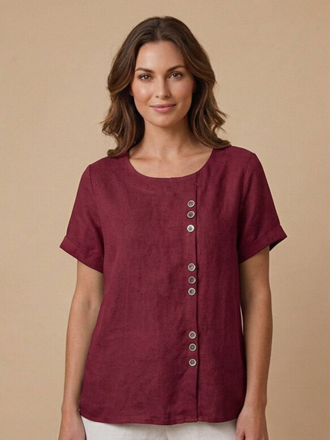 Foreen | Top casual da donna con scollo a girocollo, dettaglio bottoni e maniche corte