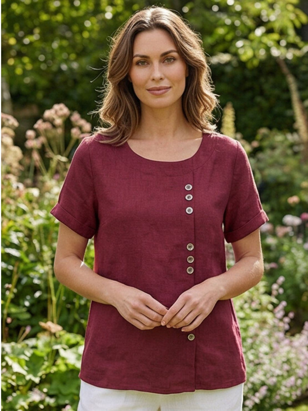Foreen | Top casual da donna con scollo a girocollo, dettaglio bottoni e maniche corte