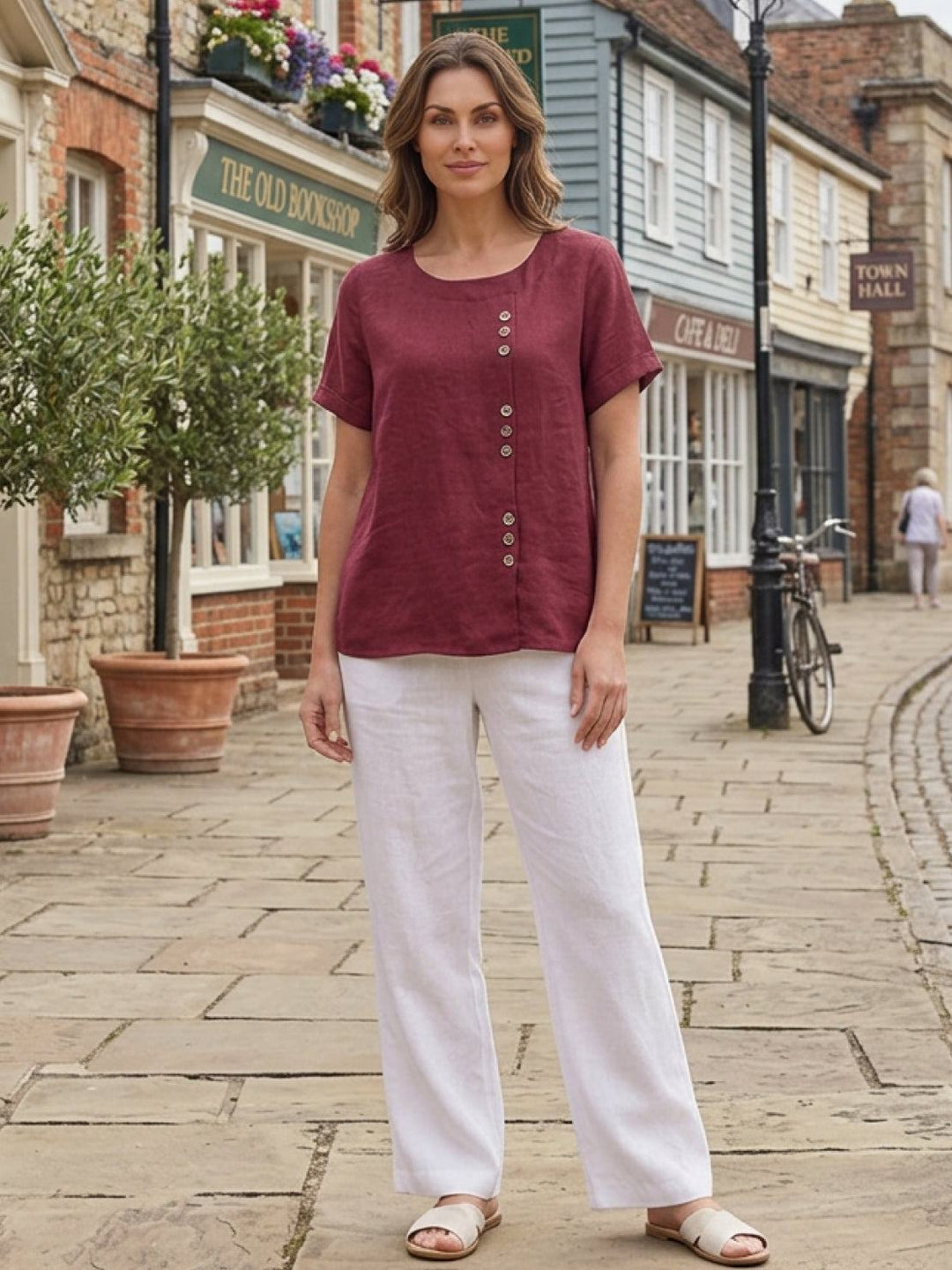 Foreen | Top casual da donna con scollo a girocollo, dettaglio bottoni e maniche corte