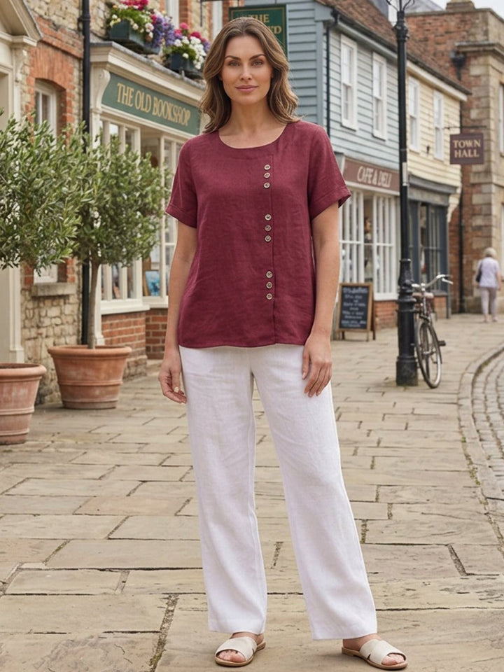 Foreen | Top casual da donna con scollo a girocollo, dettaglio bottoni e maniche corte