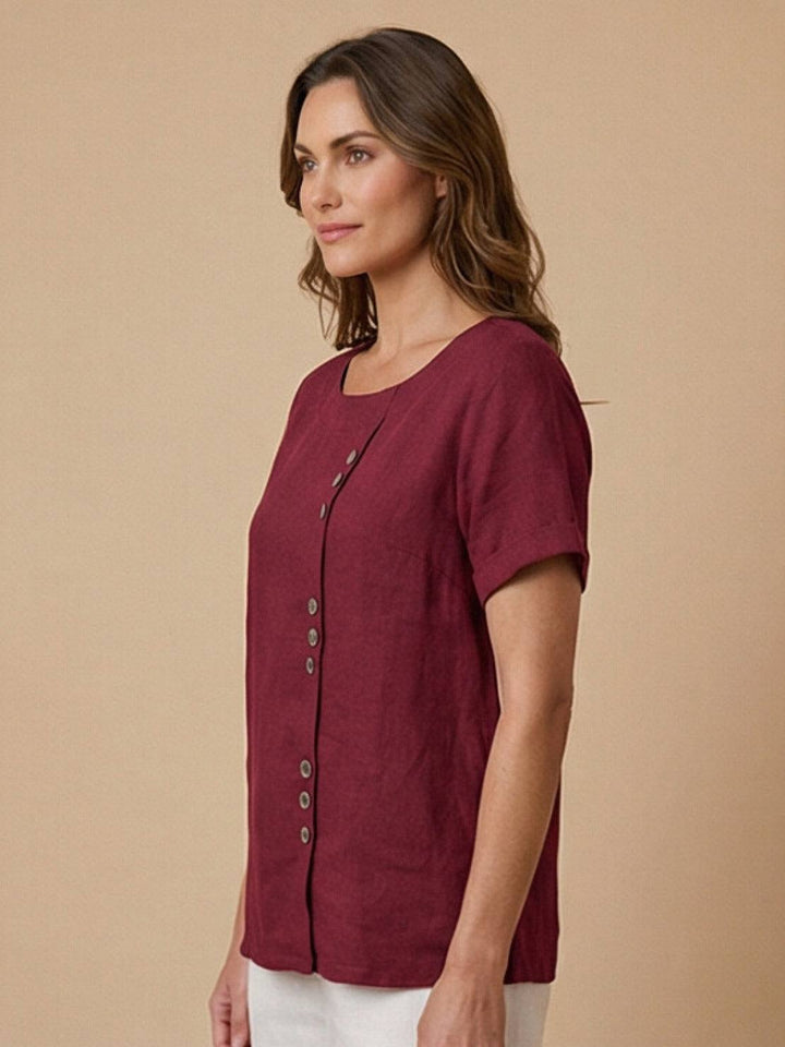 Foreen | Top casual da donna con scollo a girocollo, dettaglio bottoni e maniche corte