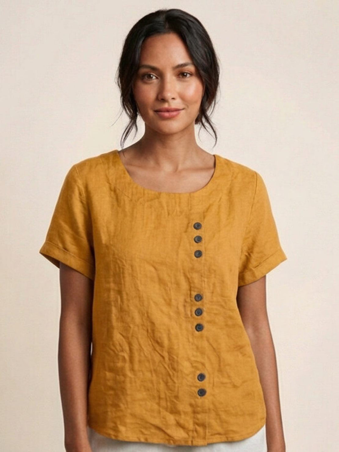 Foreen | Top casual da donna con scollo a girocollo, dettaglio bottoni e maniche corte