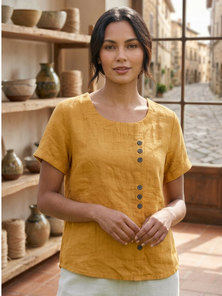 Foreen | Top casual da donna con scollo a girocollo, dettaglio bottoni e maniche corte