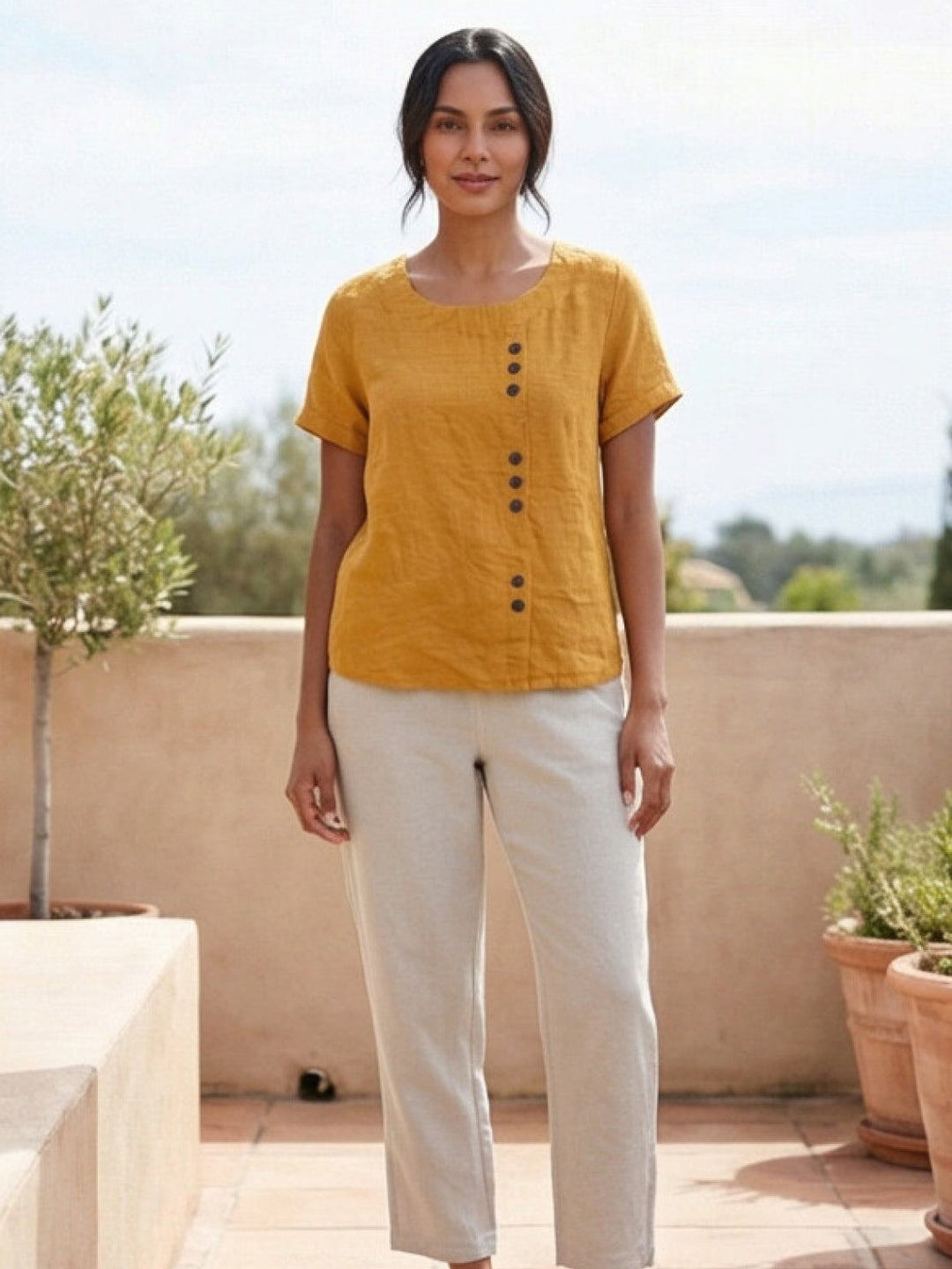 Foreen | Top casual da donna con scollo a girocollo, dettaglio bottoni e maniche corte