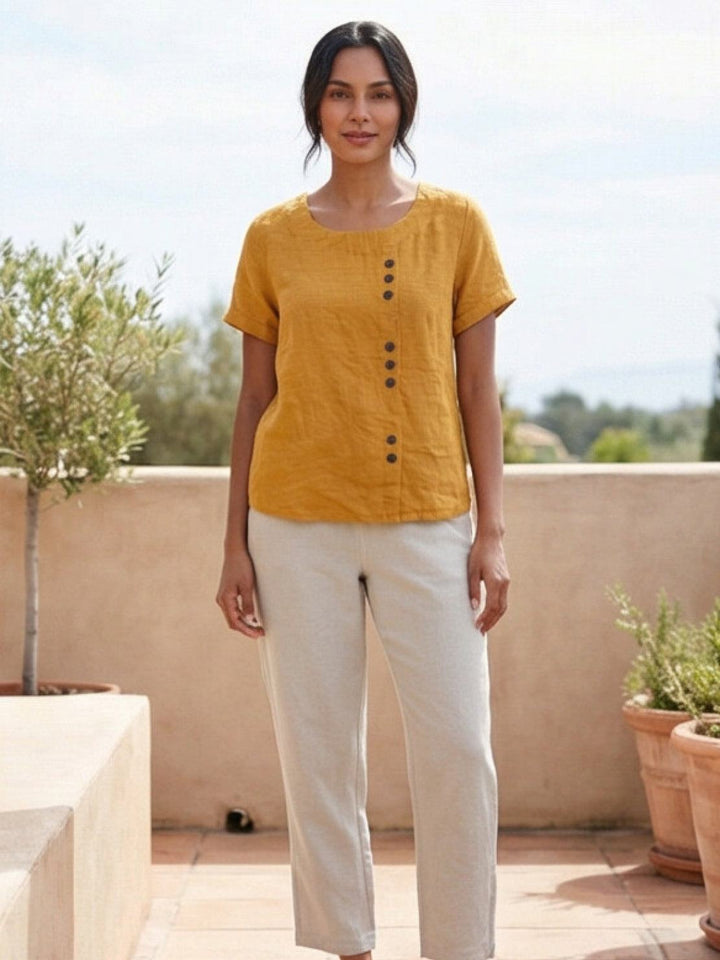 Foreen | Top casual da donna con scollo a girocollo, dettaglio bottoni e maniche corte