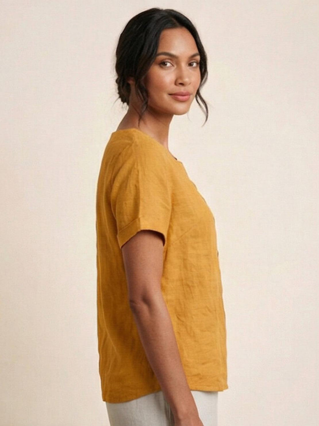 Foreen | Top casual da donna con scollo a girocollo, dettaglio bottoni e maniche corte