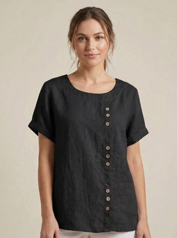 Foreen | Top casual da donna con scollo a girocollo, dettaglio bottoni e maniche corte