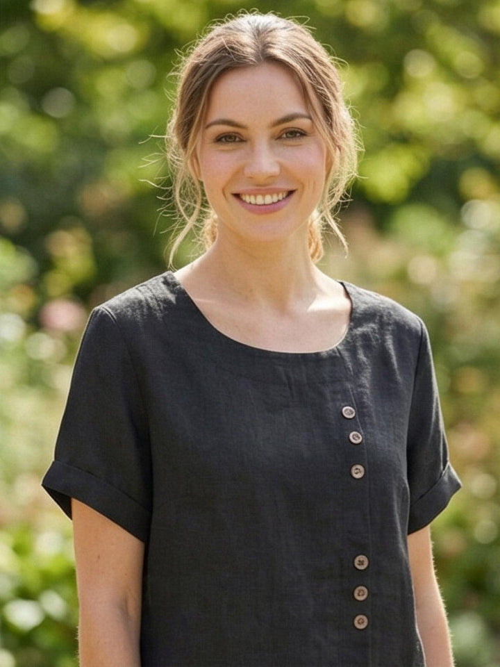 Foreen | Top casual da donna con scollo a girocollo, dettaglio bottoni e maniche corte