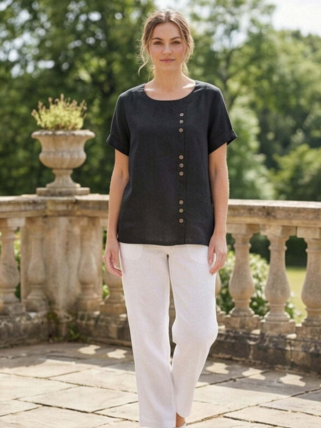 Foreen | Top casual da donna con scollo a girocollo, dettaglio bottoni e maniche corte