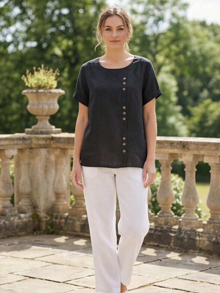 Foreen | Top casual da donna con scollo a girocollo, dettaglio bottoni e maniche corte