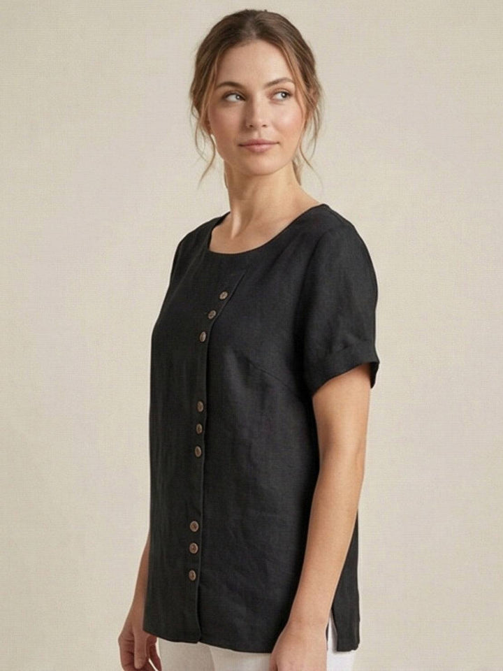 Foreen | Top casual da donna con scollo a girocollo, dettaglio bottoni e maniche corte