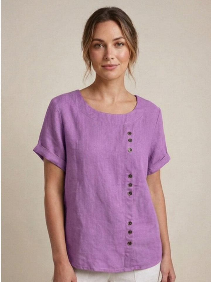 Foreen | Top casual da donna con scollo a girocollo, dettaglio bottoni e maniche corte