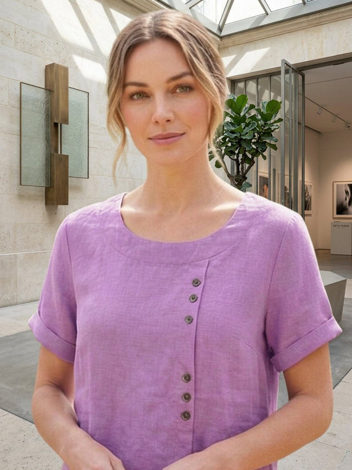 Foreen | Top casual da donna con scollo a girocollo, dettaglio bottoni e maniche corte