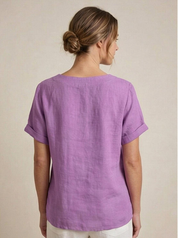Foreen | Top casual da donna con scollo a girocollo, dettaglio bottoni e maniche corte