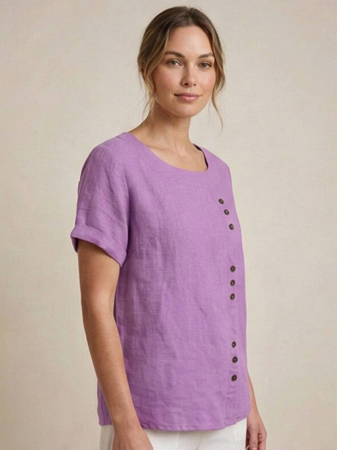 Foreen | Top casual da donna con scollo a girocollo, dettaglio bottoni e maniche corte