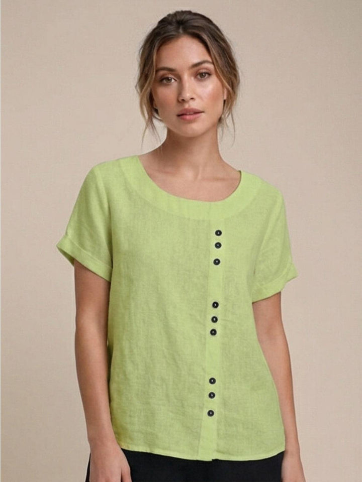 Foreen | Top casual da donna con scollo a girocollo, dettaglio bottoni e maniche corte