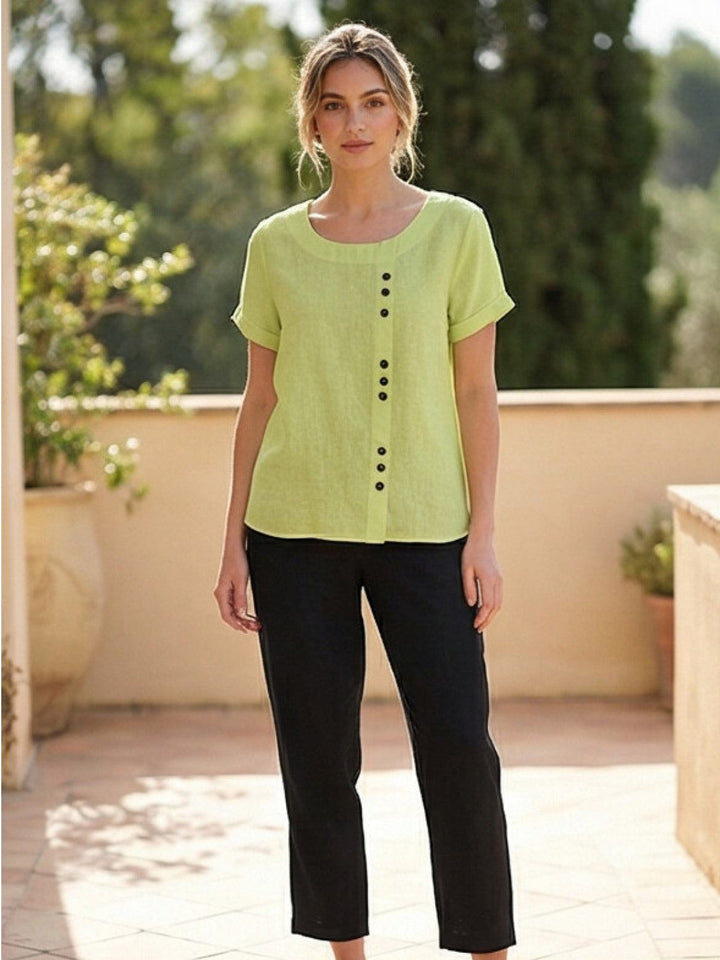 Foreen | Top casual da donna con scollo a girocollo, dettaglio bottoni e maniche corte
