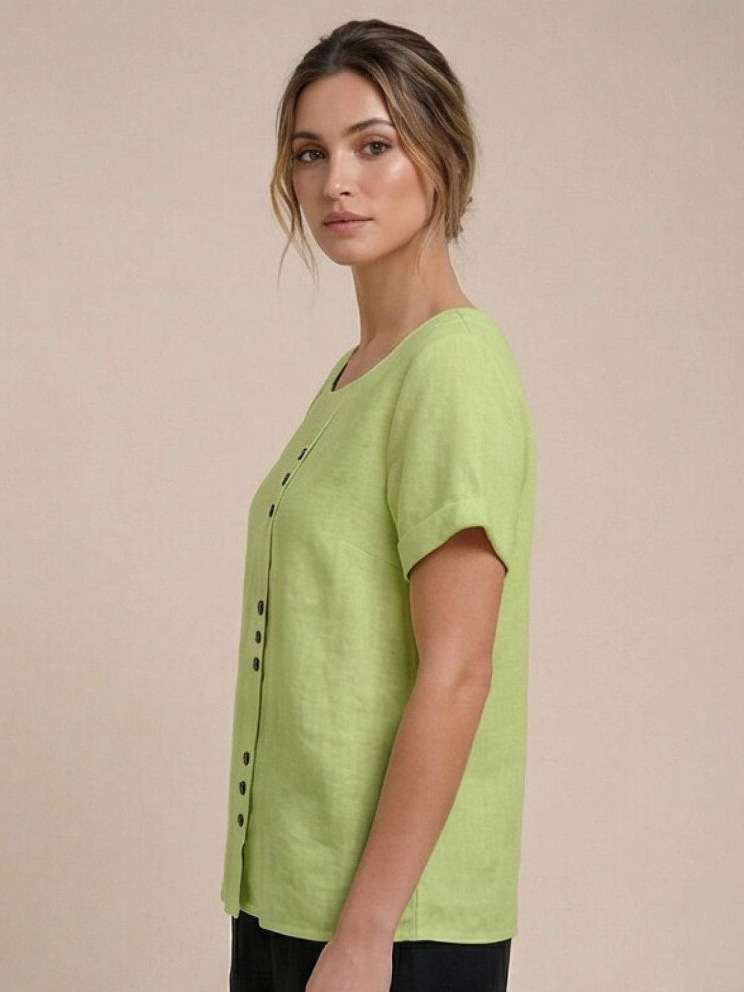Foreen | Top casual da donna con scollo a girocollo, dettaglio bottoni e maniche corte