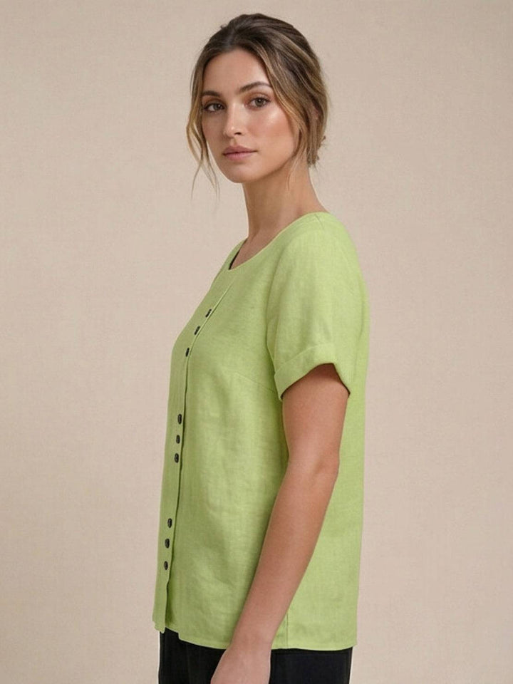 Foreen | Top casual da donna con scollo a girocollo, dettaglio bottoni e maniche corte