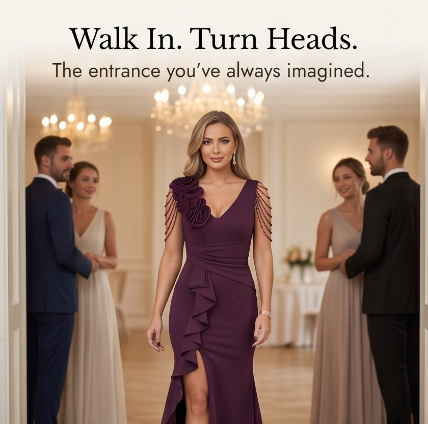 Mermaid Evening Gown with Rosette Shoulder and High Slit