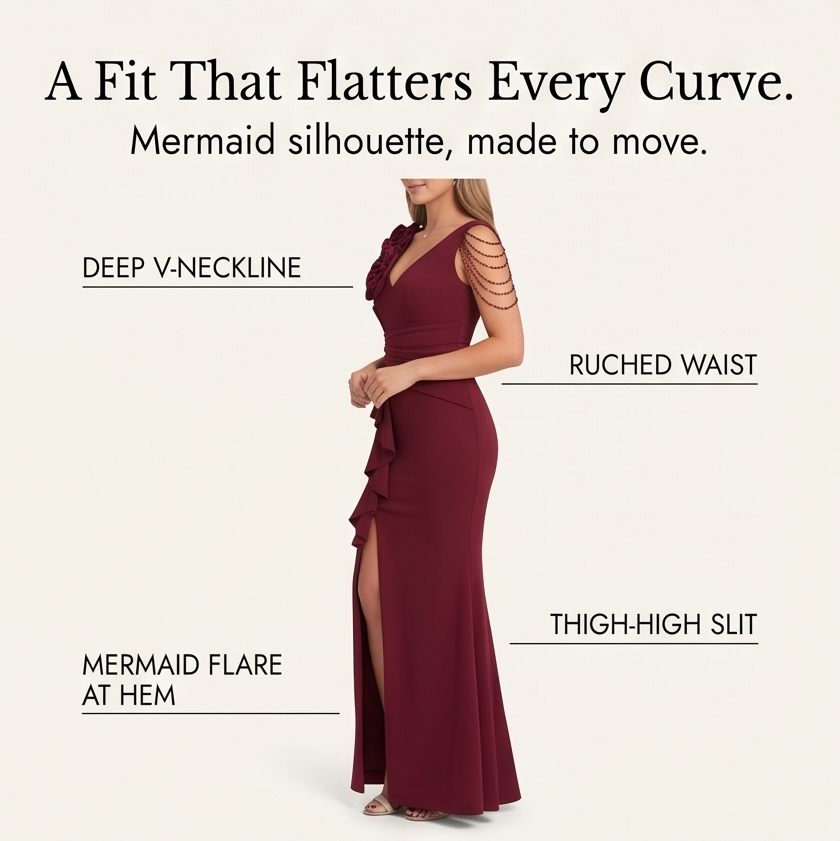 Mermaid Evening Gown with Rosette Shoulder and High Slit